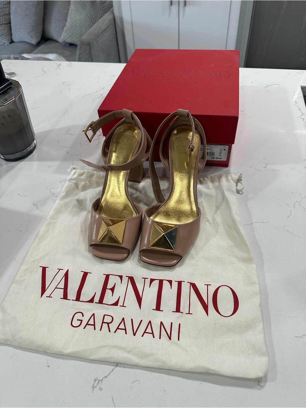 Valentino Garavani Blush Patent Leather Stud Block Heel Sandals